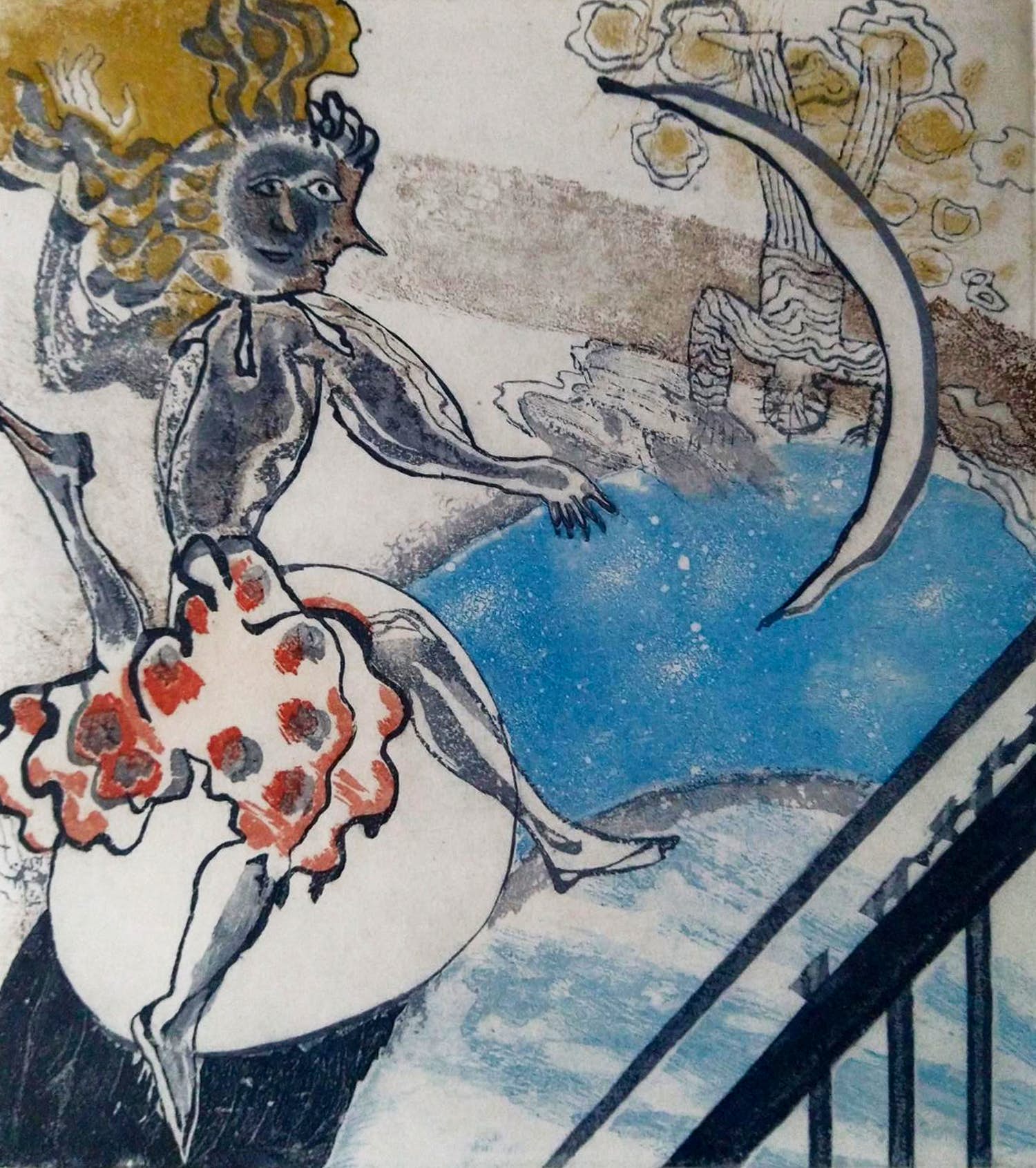 Marianne van der Heijden - De tijd danst - kleurets, in metalen lijst verkocht voor € 125!