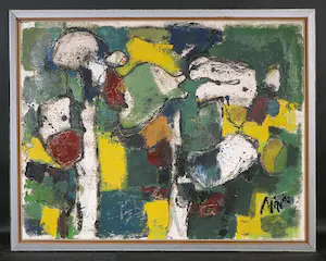 Mart Min - Olieverf op jute, Abstracte compositie - Ingelijst kopen? Bied vanaf 350!