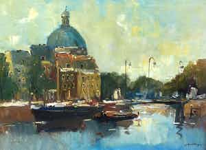 Jan Kelderman - C5050-1, Amsterdam met uitzicht op de Sint-Nicolaaskerk verkocht voor € 150!