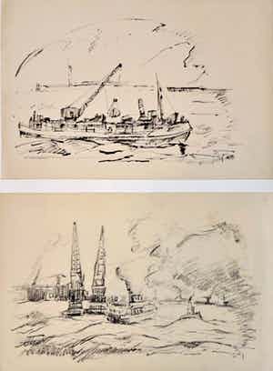 Wim Motz - 2 tekeningen van Rotterdamse havengezichten verkocht voor € 50!