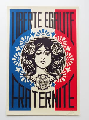 AcheterShepard Fairey - LIBERTÉ, ÉGALITÉ, FRATERNITÉ? Enchérissez de 1!