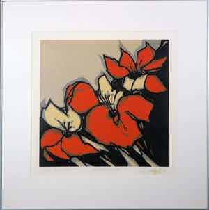 Fon Klement - Boardsnede, Les Fleurs rouges - Ingelijst verkocht voor € 80!