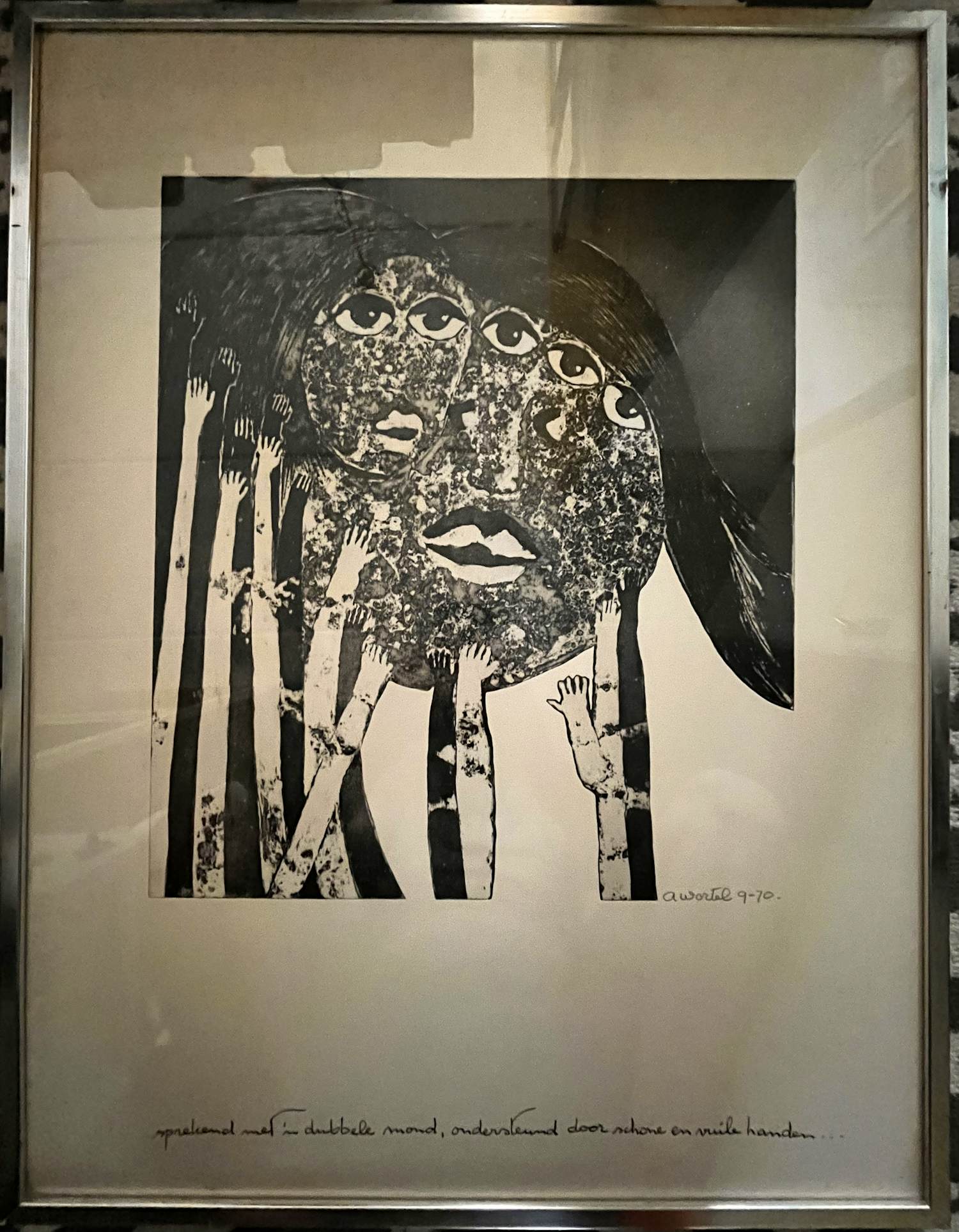 Ans Wortel - Lithografie "Sprekend met 'n dubbele mond......" Unica, handgesigneerd verkocht voor € 85!