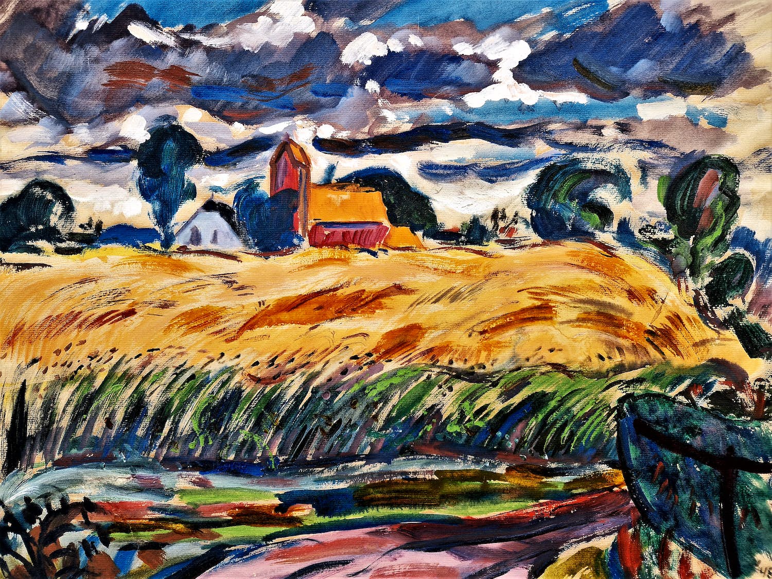 Ria Exel - GROOT, in 1948 geschilderd "landschap Groningen onder dreigend wolkendek" gesign verkocht voor € 174!