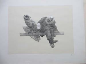 Peter Vos - Oude Man met Uil - Litho kopen? Bied vanaf 100!