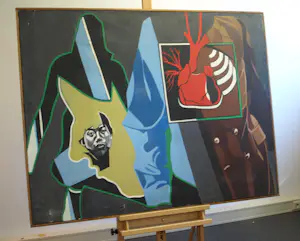 Robert Hallatu - Olieverf op doek , Molukse symboliek (?) met zelfportret – Lijst, 103 x 133 cm. kopen? Bied vanaf 250!