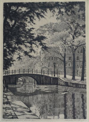 Maarten Langbroek - Ets, Reguliersgracht, Amsterdam – Gesigneerd en ingelijst – ca 1965 kopen? Bied vanaf 10!