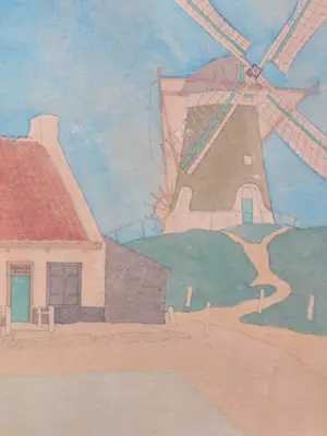 Niet of onleesbaar gesigneerd - Molen en woningen Zoutelande? - Gemengde techniek kopen? Bied vanaf 1!