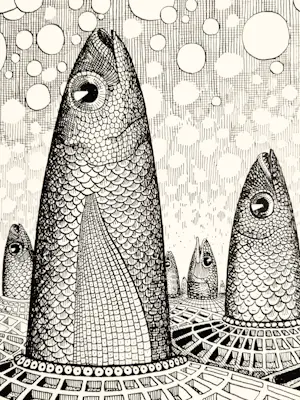 Jan Bernard Meinen - Grote & gedetailleerde Inkt-tekening "Vissen en luchtbellen" - 1974 - gesigneer kopen? Bied vanaf 29!