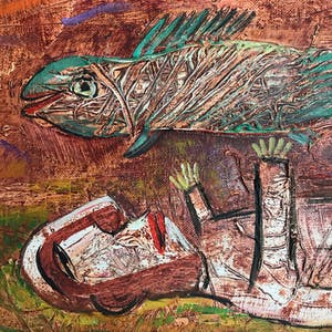 Roman Zuzuk - Typisch werk - 'Man met vis' - Gesigneerd - 1999 kopen? Bied vanaf 175!