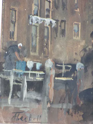 Adriaan Terhell - Hollandse stad met schippers in gracht - Aquarel kopen? Bied vanaf 40!