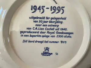 Carel Lion Cachet - Platelen wandbordje 50 jaar bevrijding voor Royal Goedewaagen - oplage 2500 stuk kopen? Bied vanaf 1!