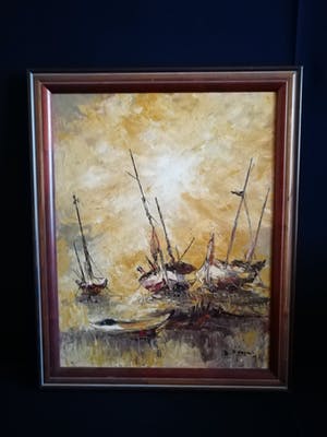 Niet of onleesbaar gesigneerd - mooi havenzicht met vissers sloepen kopen? Bied vanaf 10!