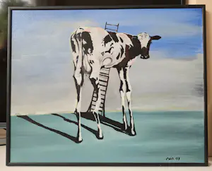 Niet of onleesbaar gesigneerd - Abstracte koe met ladder kopen? Bied vanaf 10!