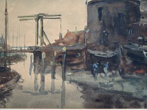 Niet of onleesbaar gesigneerd - Gouache , “Watergezicht met brug en poortgebouw” - ingelijst kopen? Bied vanaf 1!
