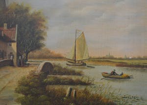Niet of onleesbaar gesigneerd - Dorpje aan het water - Olieverf op paneel - Gesigneerd kopen? Bied vanaf 1!