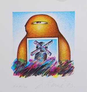 Jorg Reme - Drie handgesigneerde zeefdrukken: Figuur met molen, vlag, tulpen kopen? Bied vanaf 15!