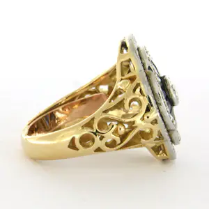 18k bicolour gouden ring met saffier, briljant en single cut geslepen diamanten kopen? Bied vanaf 1400!