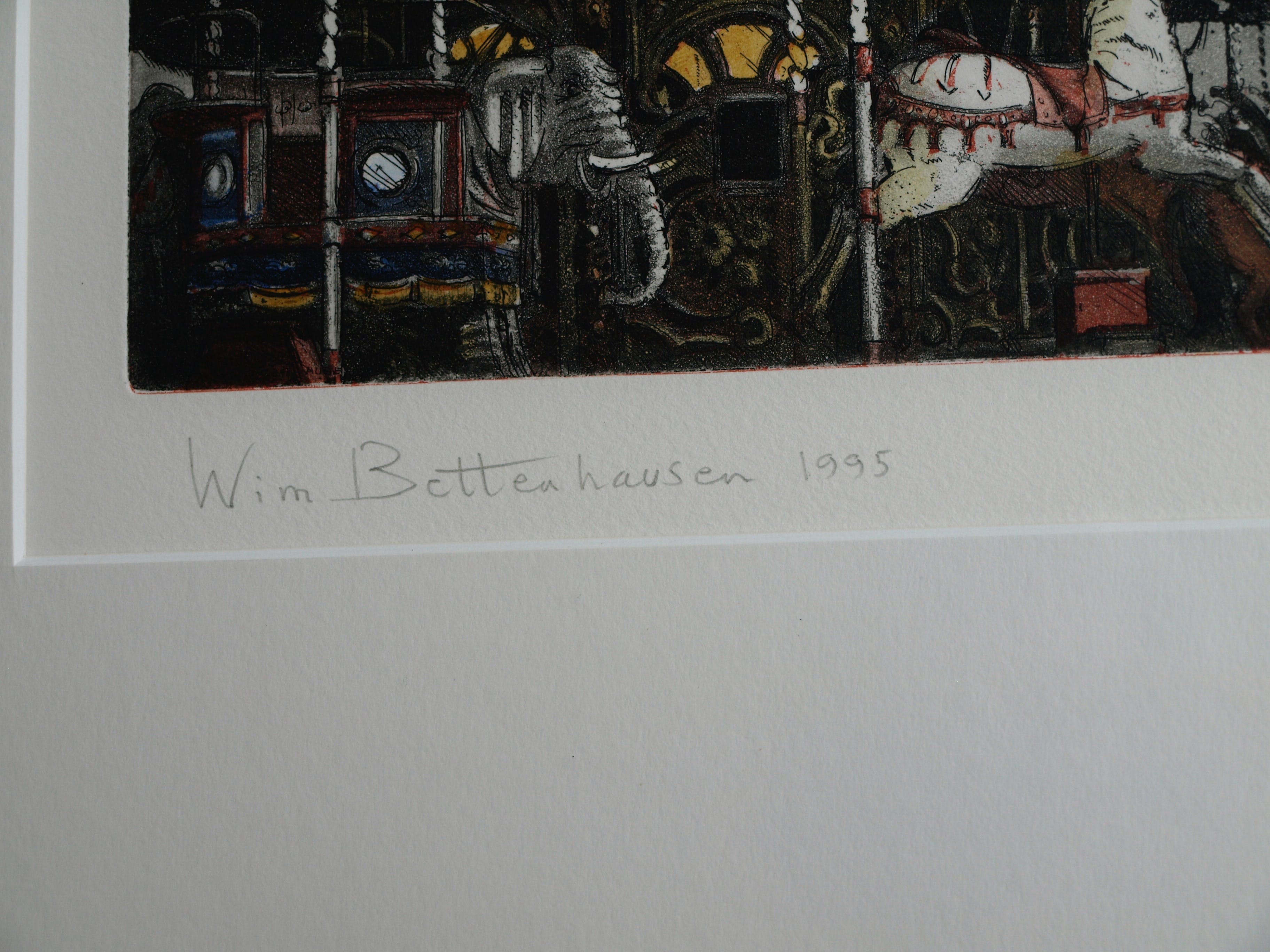 Wim Bettenhausen - Ets , Carousel bij Kurhaus , Scheveningen – ingelijst – 1995 kopen? Bied vanaf 75!