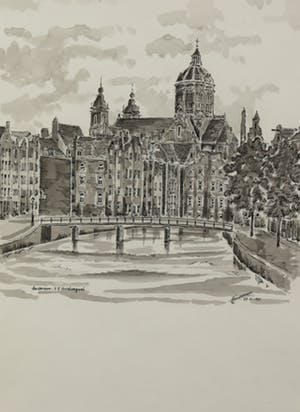 Onno Hoedeman - Gewassen inkttekening, Amsterdam Voorburgwal - Ingelijst kopen? Bied vanaf 1!