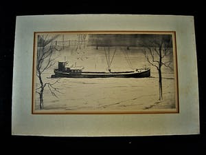 Hans van Dokkum - Lid van "de Grafische" - mooie verstilde ETS "binnenvaartschip" oplage 50 stuks kopen? Bied vanaf 20!
