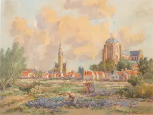 Adriaan Terhell - Aquarel, Dorpsgezicht - Ingelijst kopen? Bied vanaf 70!