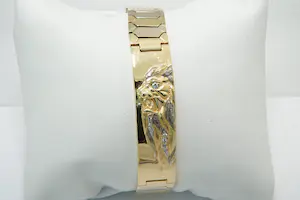 92-  Aparte 18Kt bi-color gouden-armband met fraaie diamanten leeuwenkop kopen? Bied vanaf 1930!