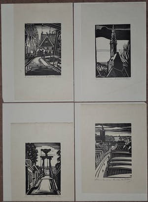 Andre van der Vossen - Complete vrij zeldzame serie van 10 houtsnedes met vissersplaatsen in Nederland kopen? Bied vanaf 275!