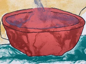 Mark Brusse - kleurenzeefdruk - 'De rode kom' - 1995 (Zie conditie) kopen? Bied vanaf 1!