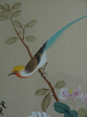Niet of onleesbaar gesigneerd - Ingelijste gouache op zijde, Japan? China? , Vogel op bloemtak kopen? Bied vanaf 1!