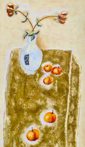 Buy Lita van Engelenhoven - Stilleven met tulpenvaas en vijf appels? Bid from 65!