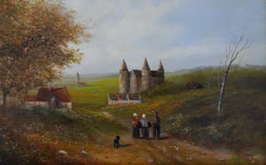 Niet of onleesbaar gesigneerd - Een glooiend landschap met figuren op een zandpad, boerderijen en een kasteel kopen? Bied vanaf 1!