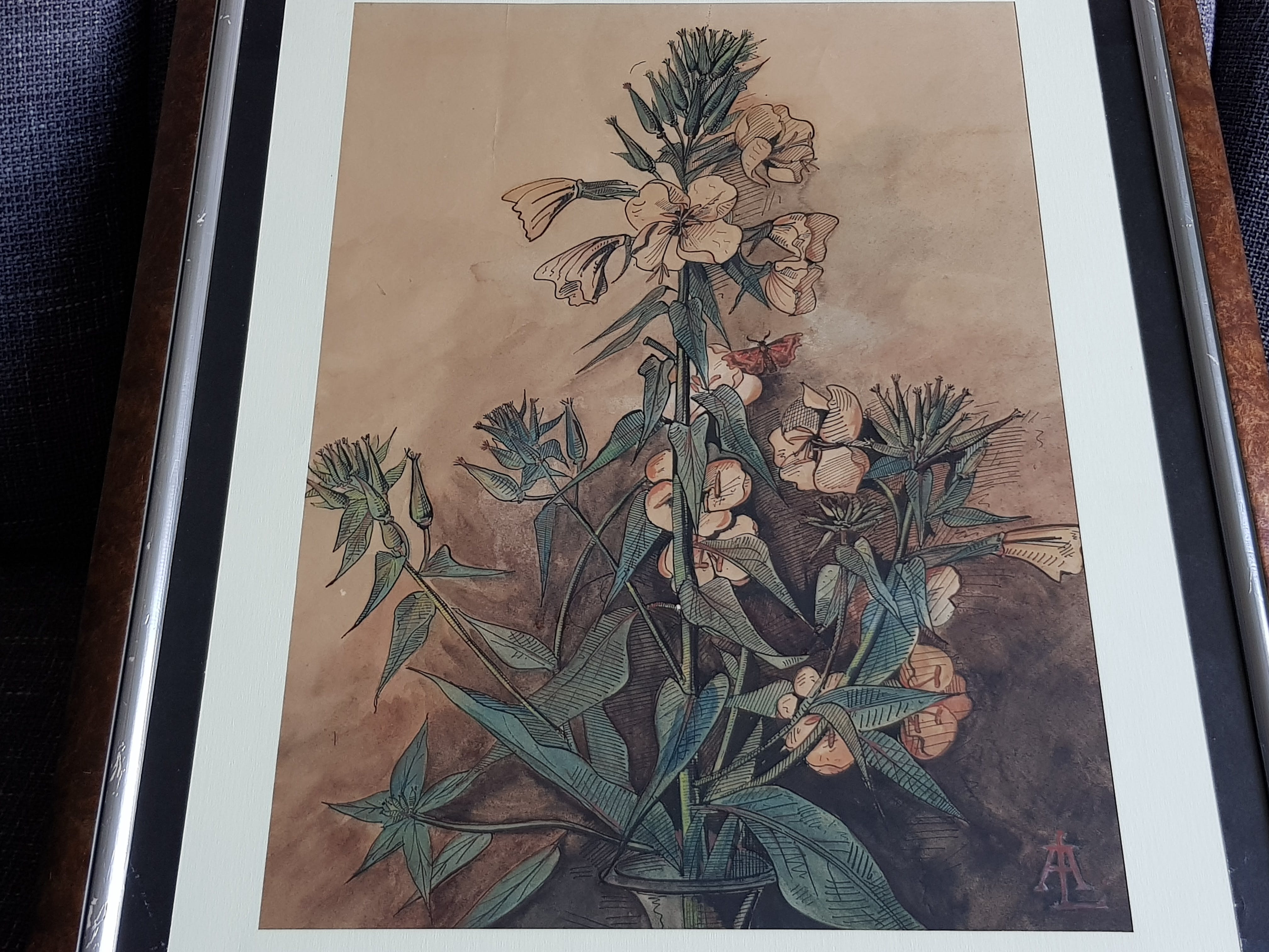 Niet of onleesbaar gesigneerd - Ingelijste Aquarel - Stilleven verkocht voor € 1!