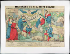 Niet of onleesbaar gesigneerd - Lot van twee handgekleurde litho's, Naissance de N.S. Jesus-Christ en Jesus entre deux Larrons kopen? Bied vanaf 1!