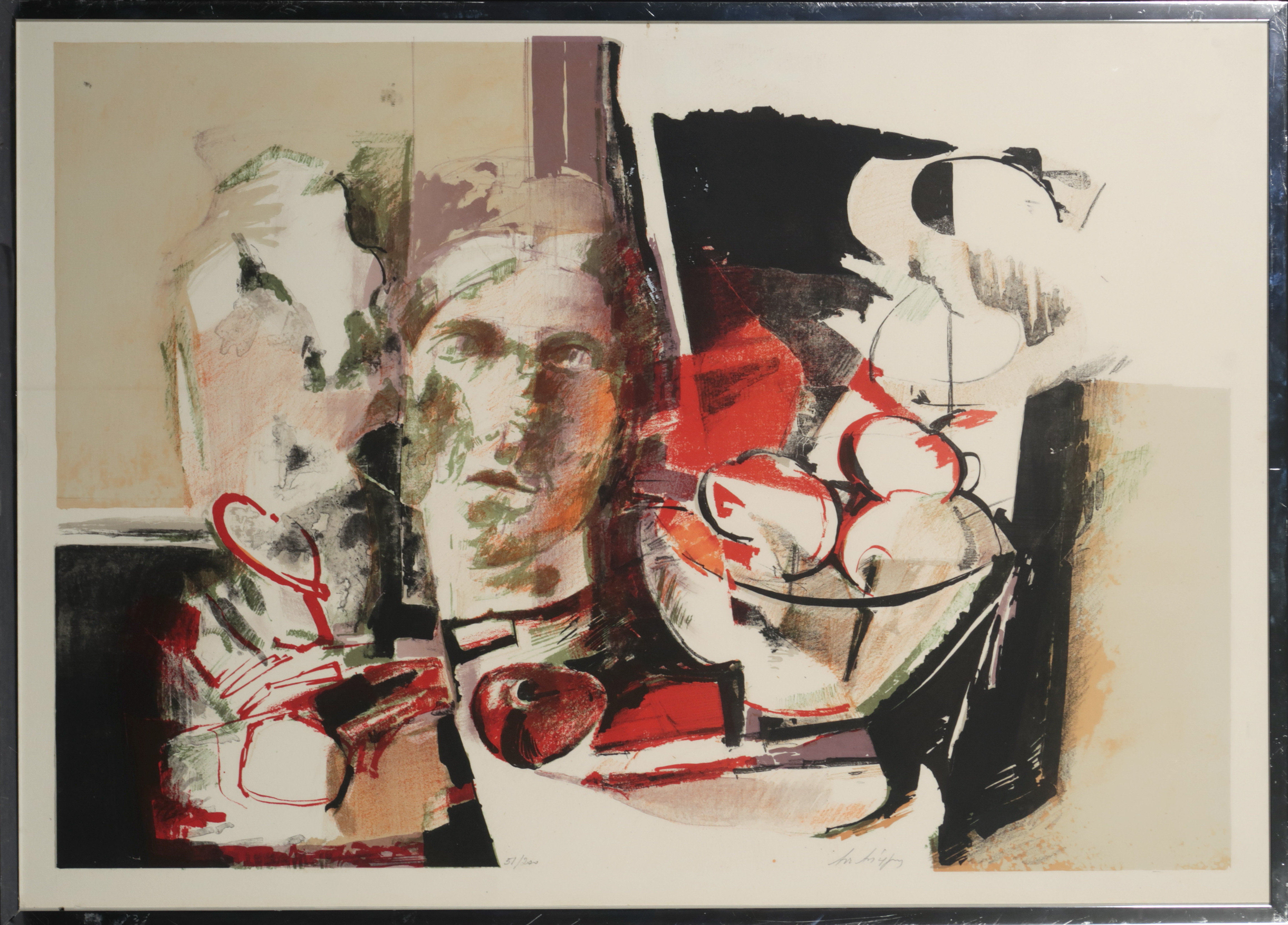 Niet of onleesbaar gesigneerd - Kleurenlitho, Hoofd met fruitschaal - Ingelijst kopen? Bied vanaf 1!