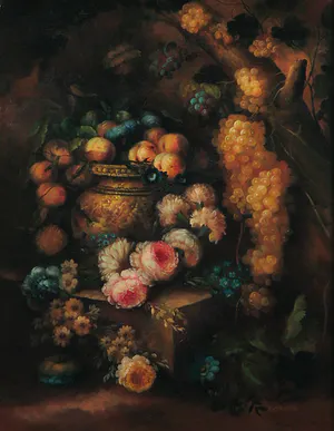 Niet of onleesbaar gesigneerd - Olieverf op doek, Stilleven met fruit en bloemen - Ingelijst (Groot) kopen? Bied vanaf 1!