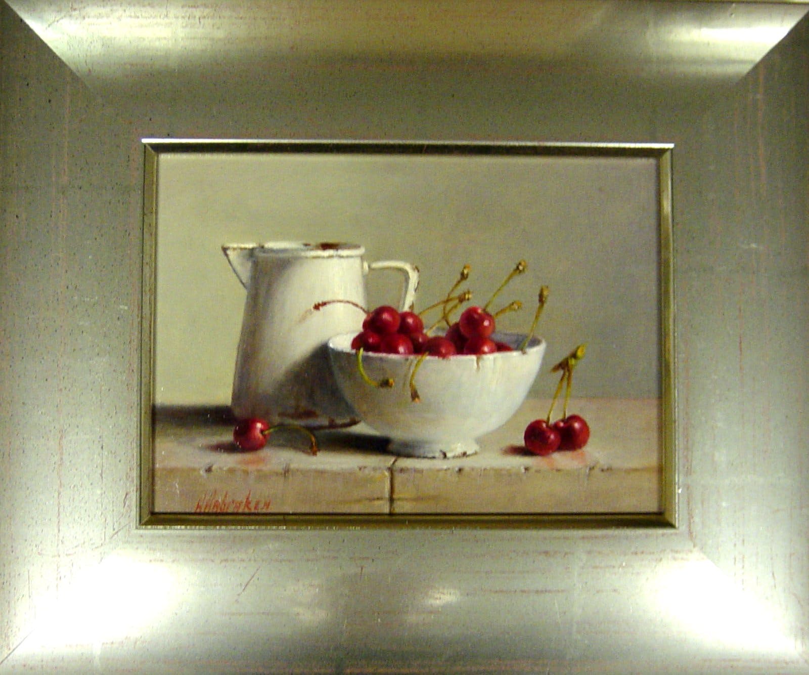 Hans Habraken - Stilleven met witte kan en kom met kersen verkocht voor € 285!