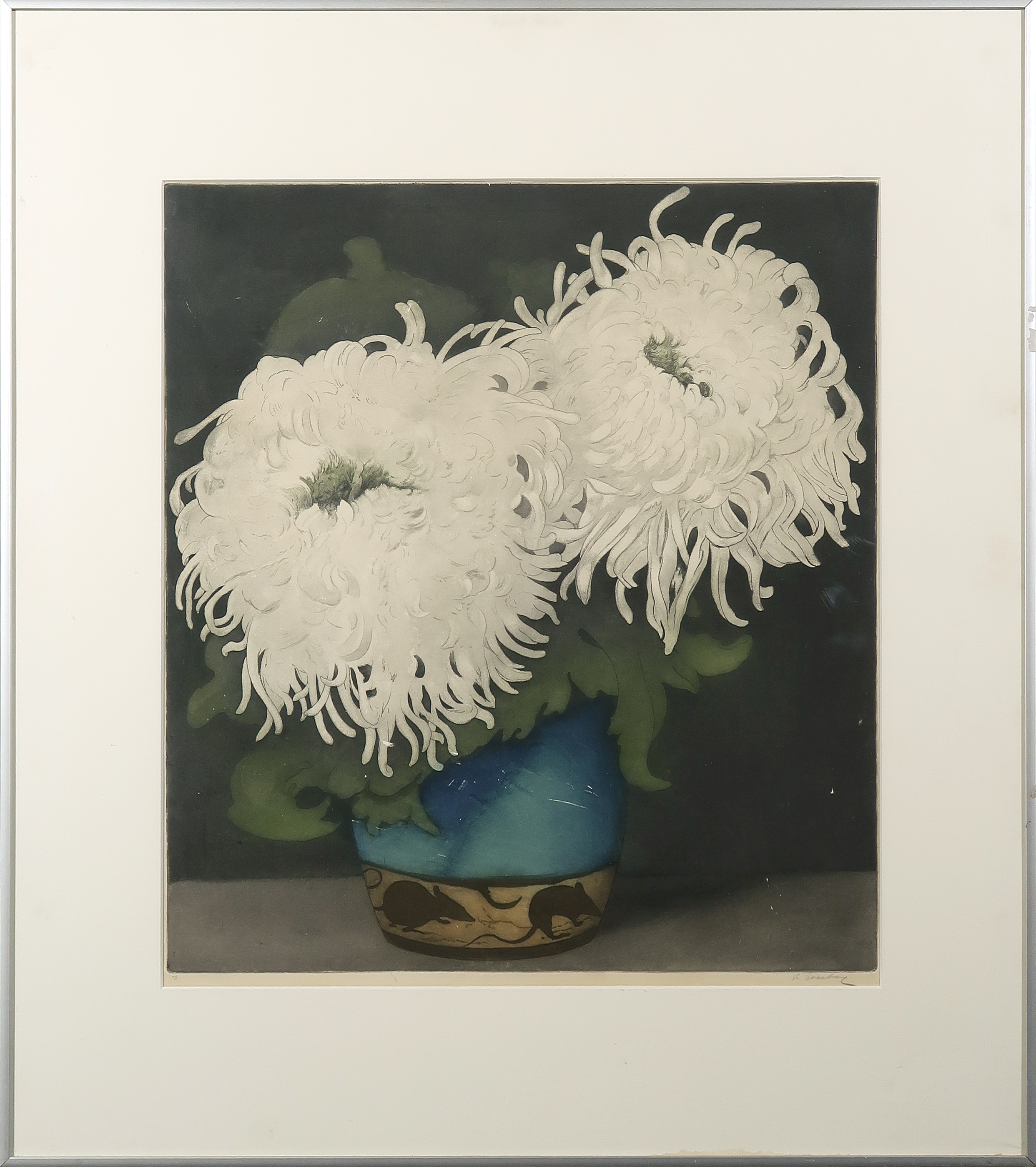 Frans Everbag - Ets en aquatint, Vaas met chrysanten - Ingelijst verkocht voor € 35!