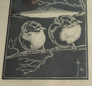 Jan Christiaan Maas - Ingelijste houtsnede , 2 Jonge vogeltjes – 1941 kopen? Bied vanaf 1!