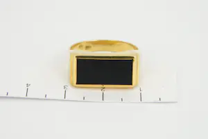 02 - Mooie 14 Krt gouden zegel ring met rechthoekige zwarte steen kopen? Bied vanaf 290!