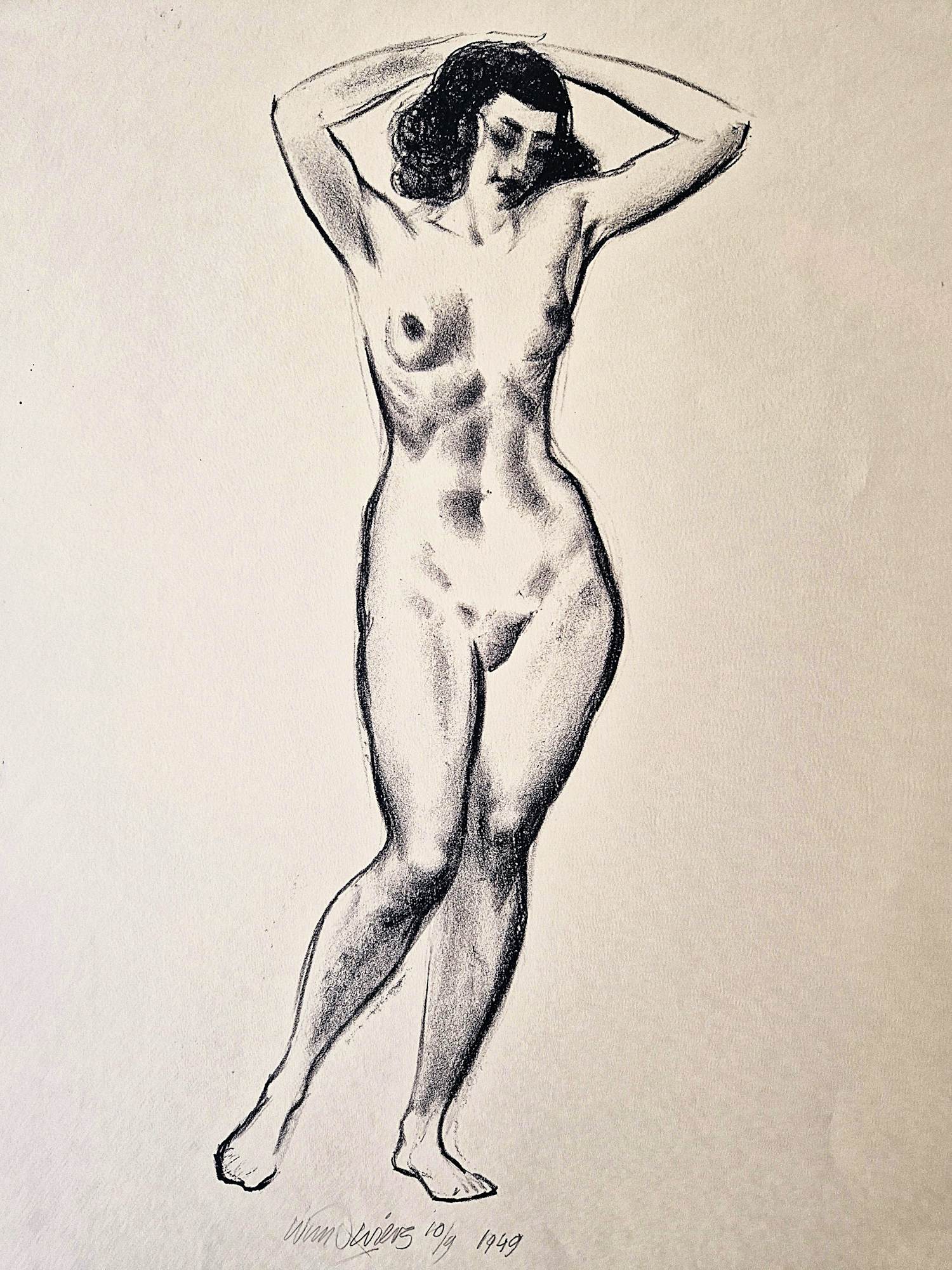 Wim Zwiers - Monochrome lithografie staand vrouwelijk naakt - zeer kleine oplage - 1949 verkocht voor € 39!