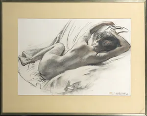 Huib Luns - Potlood- en krijttekening, Liggend naakt - Ingelijst kopen? Bied vanaf 70!