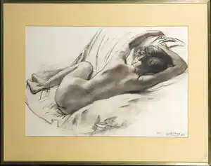 Huib Luns - Potlood- en krijttekening, Liggend naakt - Ingelijst verkocht voor € 70!