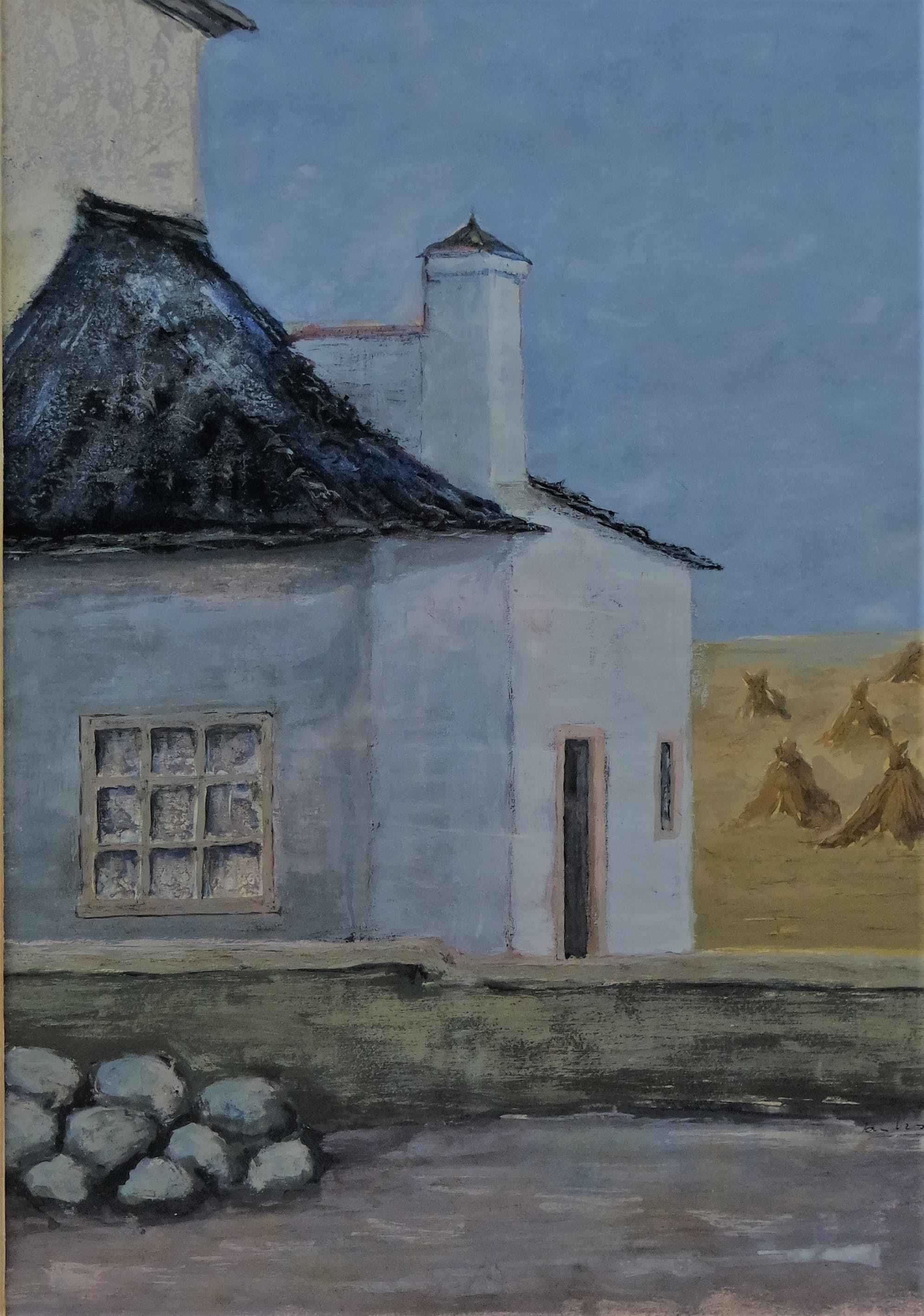 Jan Visser - gouache - landschap met hooimijten en huis verkocht voor € 55!