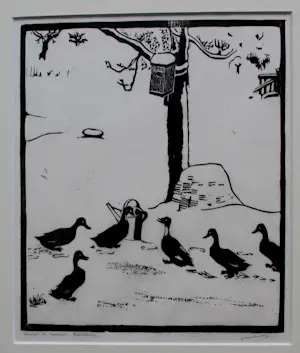 Jan Wittenberg - Ingelijste houtsnede: 'Eendjes in de sneeuw' kopen? Bied vanaf 125!