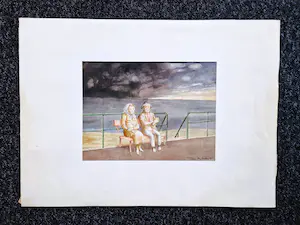 AcheterHans van Norden - Grote, in 1981 geschilderde karikaturale aquarel "Avondrust" gesigneerd? Enchérissez de 41!