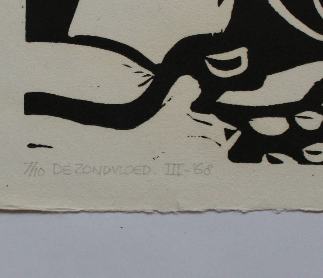 Karel Timmerman - De zondvloed III '68 - gesigneerde linodruk kopen? Bied vanaf 5!