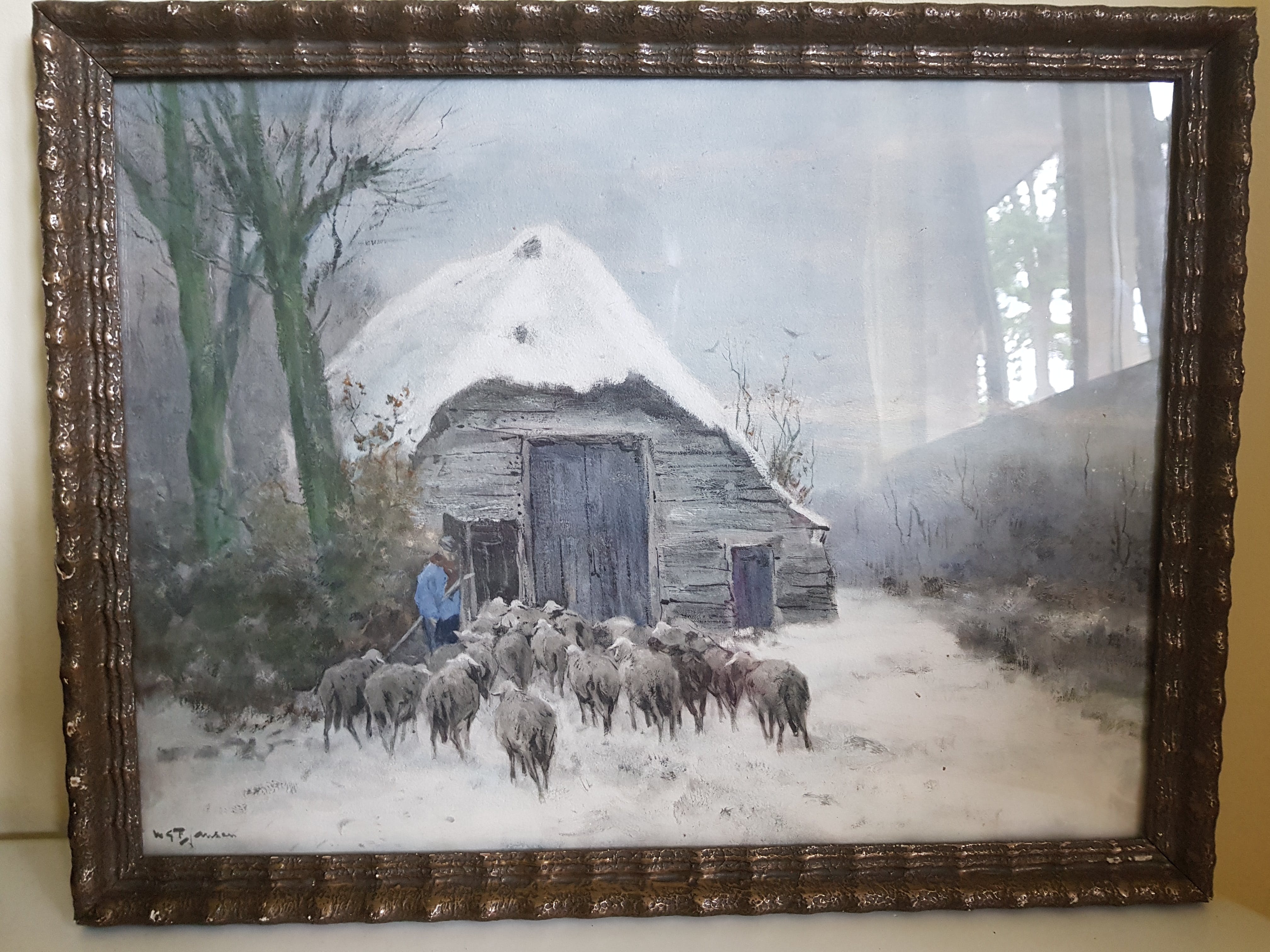 Willem G.F. Jansen - Kudde schapen op de heide in de winter voor de stalling met boer.  verkocht voor € 150!