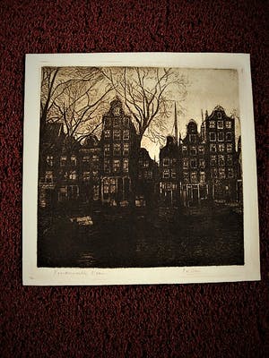 Pol Dom - Sfeervolle droge naald Ets "Amsterdam huizen aan de Noordermarkt" gesigneerd kopen? Bied vanaf 20!