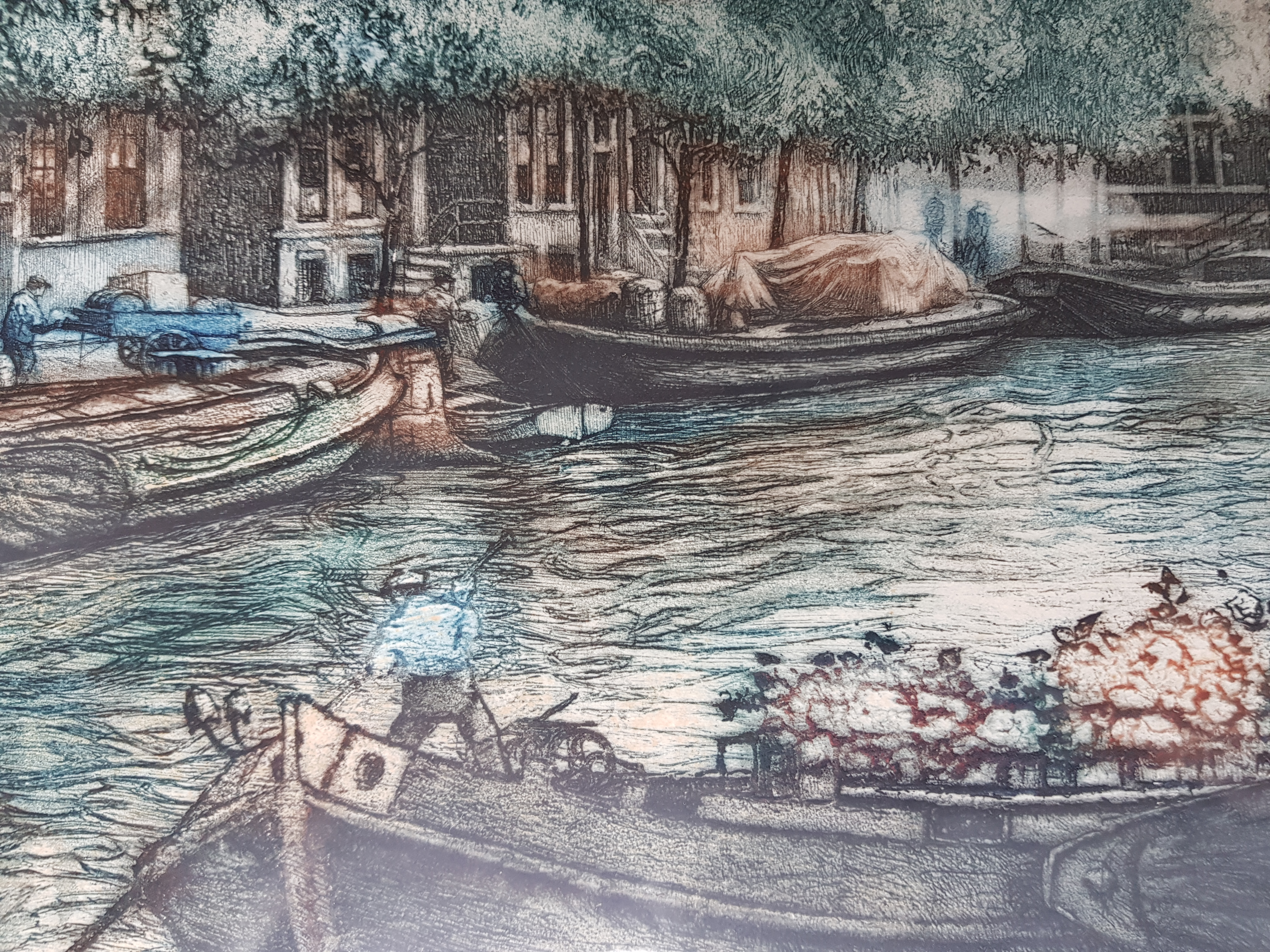 Cornelis Brandenburg - kleurenets - Bloemenmarkt, getiteld en gesigneerd kopen? Bied vanaf 1!